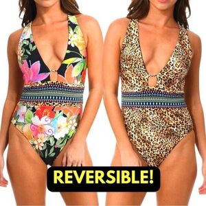 Sunshine 79 Swimsuit One Piece Reversible Tropical Leopard Print NWOT size 8